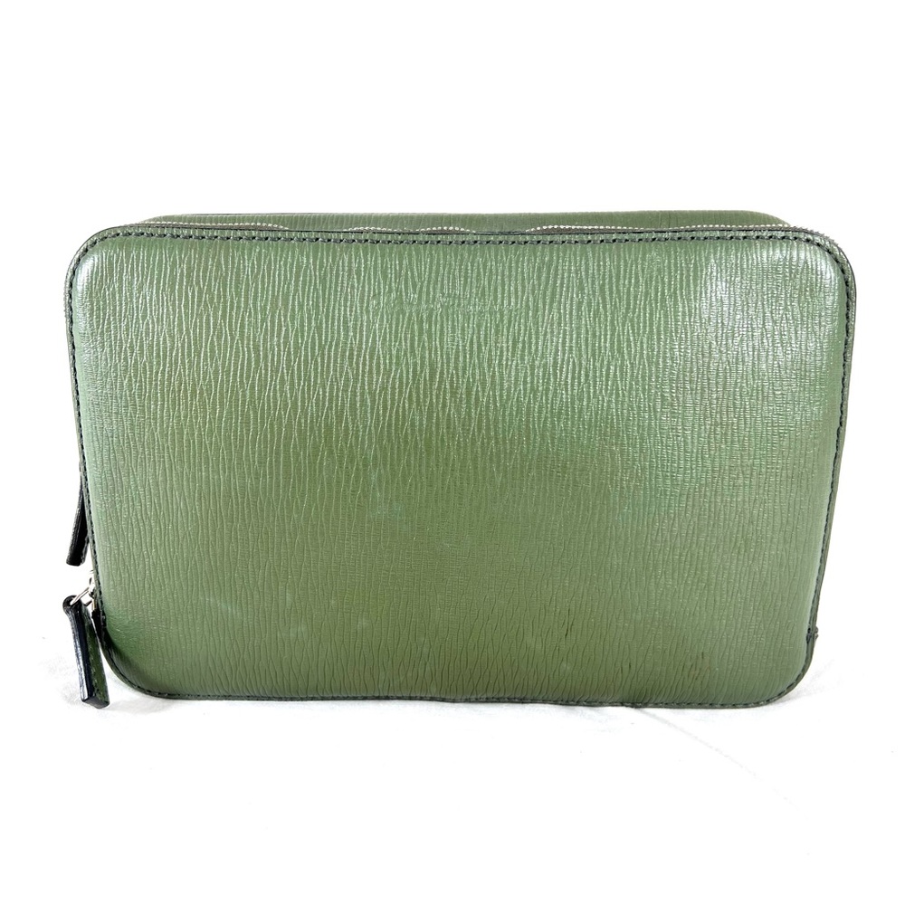 SALVATORE FERRAGAMO Authentic Green Leather Toiletry Organizer Clutch Bag
